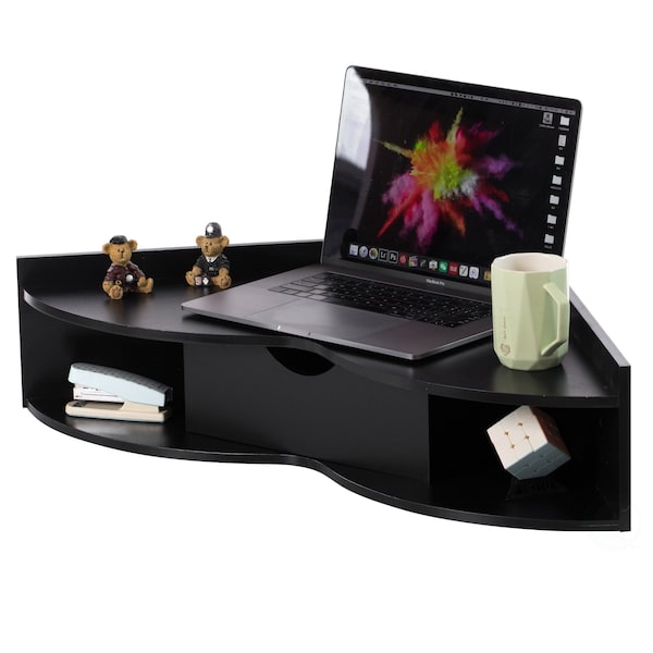 Basicwise Blk Corner Desk Heart Shaped Wall Mntd Office Table w/Drawer and Two Shelves Computer Writing Desk QI004024.BK - main